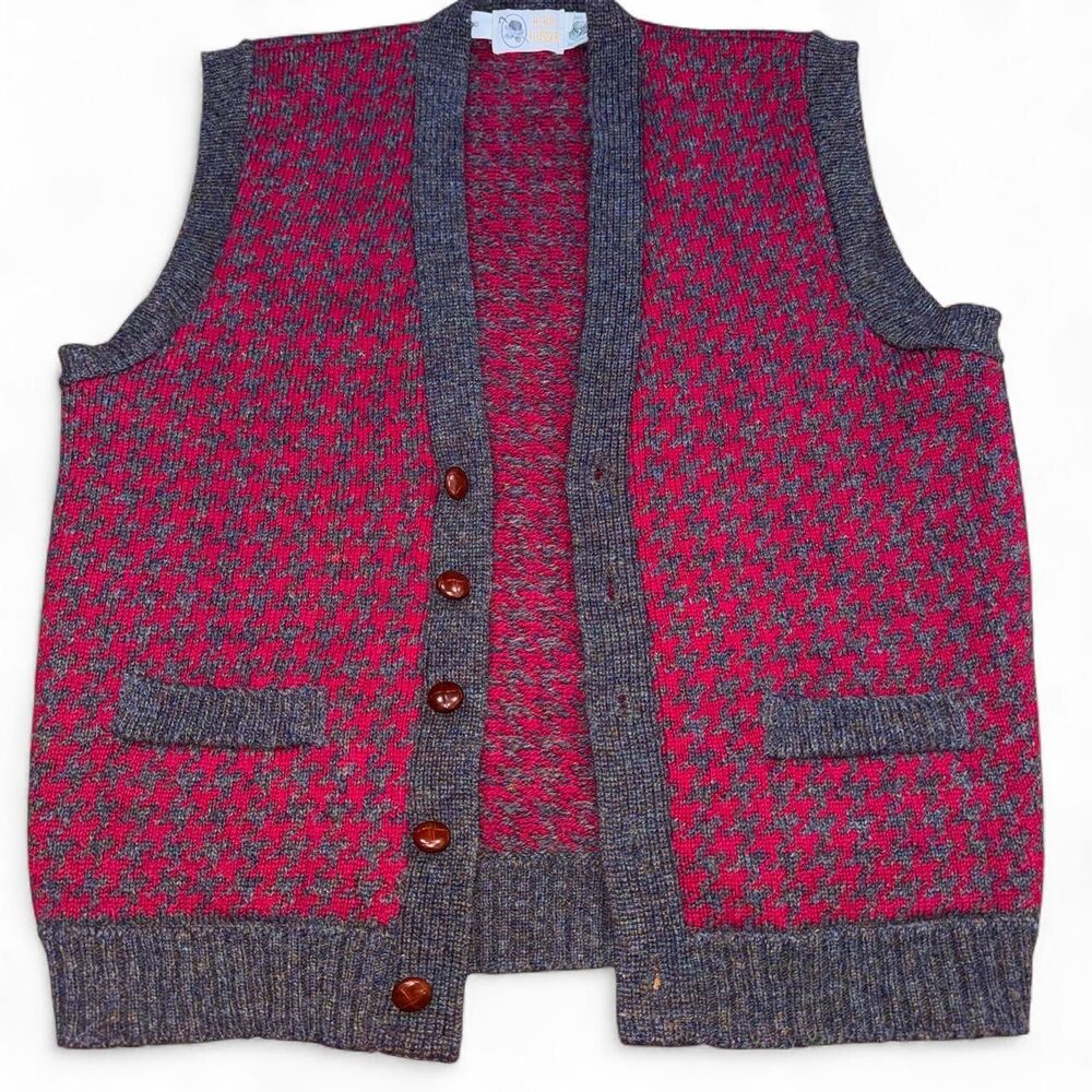 Alan Flusser Vintage Wool Button-Up Sweater Vest Men's L Red Gray Houndstooth